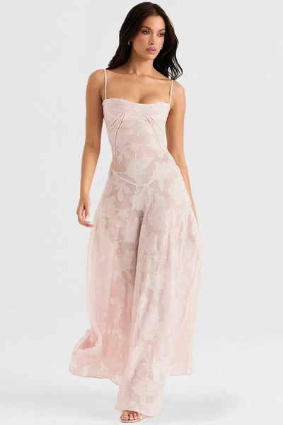 Floral Backless Maxi Dress - Square Neck High Waist Chiffon