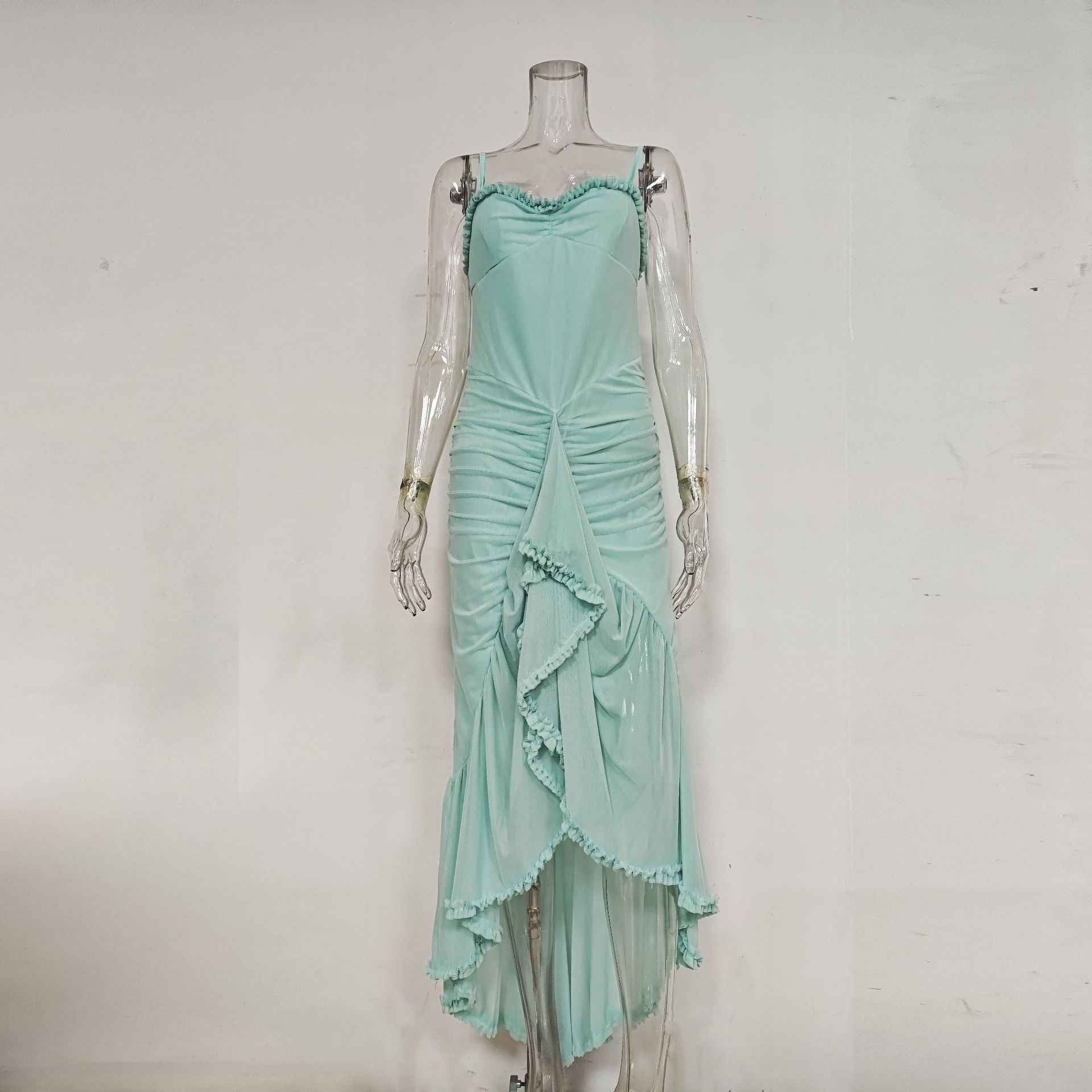 Spaghetti Strap Mesh Maxi Dress - Layered Irregular Hem