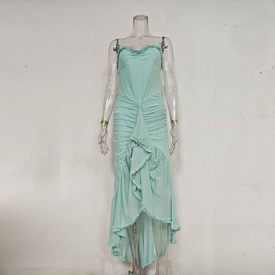 Spaghetti Strap Mesh Maxi Dress - Layered Irregular Hem