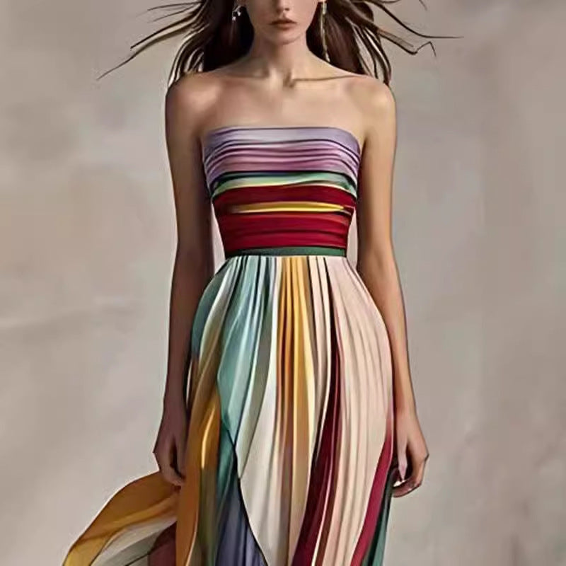 Strapless Color-Block Prom Gown - High Waist Printed Dress
