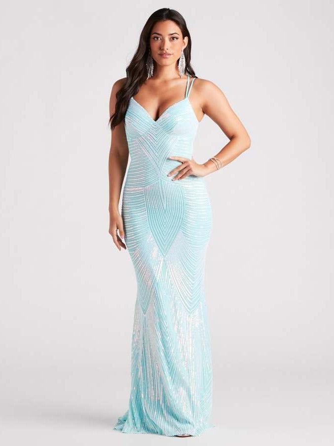 V-Neck Evening Dress - Sequin Floor-Length Gown - Fashions Envy