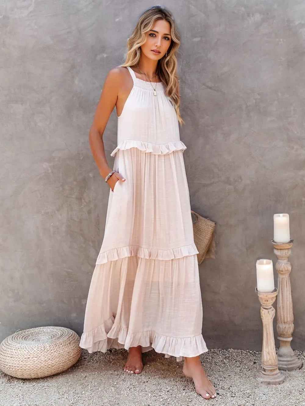 Smocked Tiered Ruffle Maxi Dress - Sleeveless with Pockets