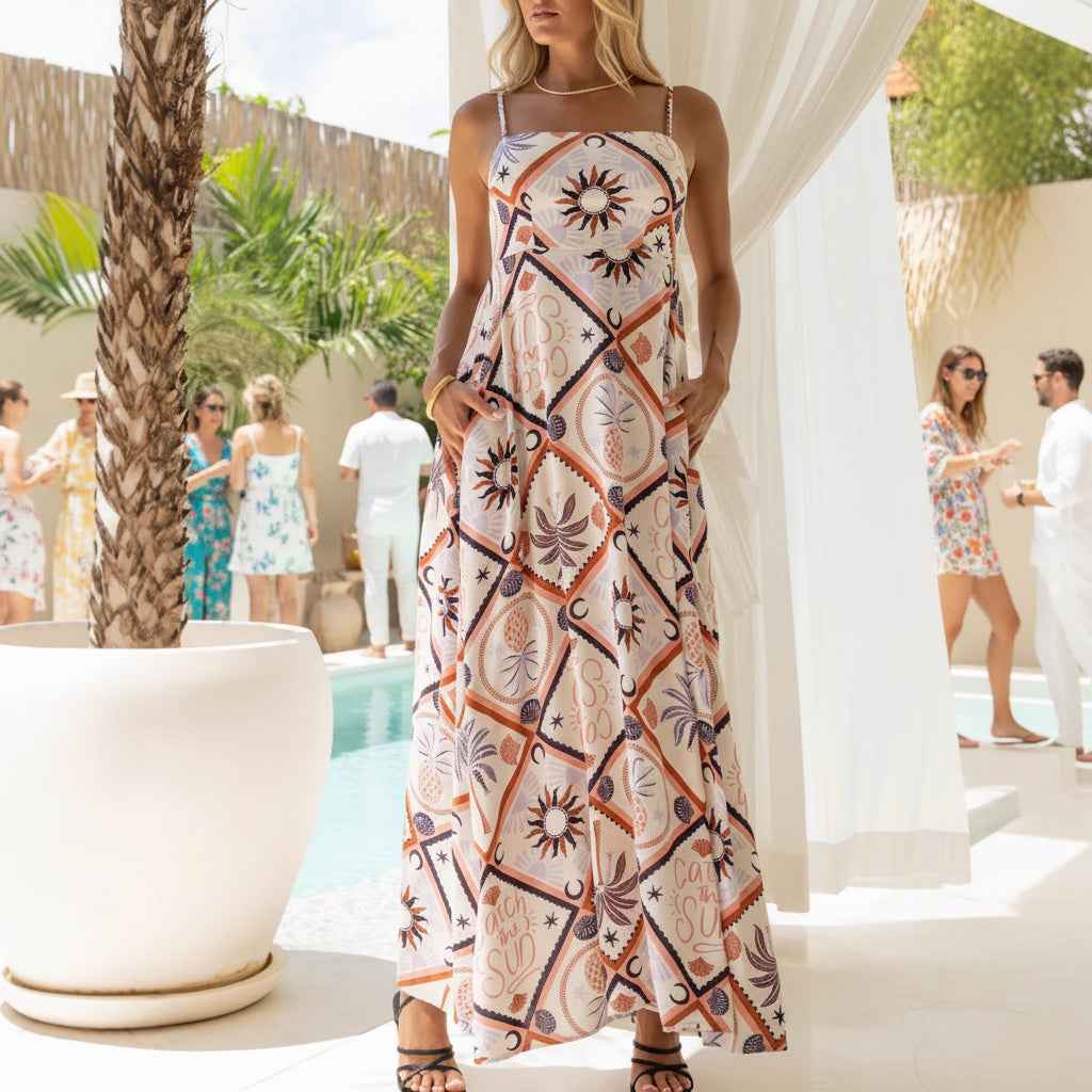 Summer Strap Abstract Tile Print Long Dress Bohemian Pocket Maxi Dress Beach Vacation Flowy Skirt