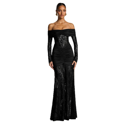 Off-Shoulder Bodycon Dress - Lace Long Sleeve Gown - Fashions Envy