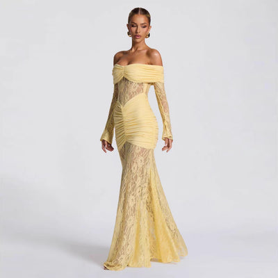 Off-Shoulder Bodycon Dress - Lace Long Sleeve Gown - Fashions Envy