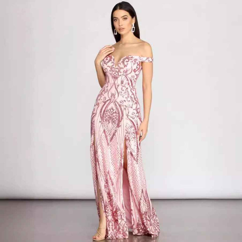 Pink Sequin Maxi Dress - Deep V-Neck Floor Length Gown
