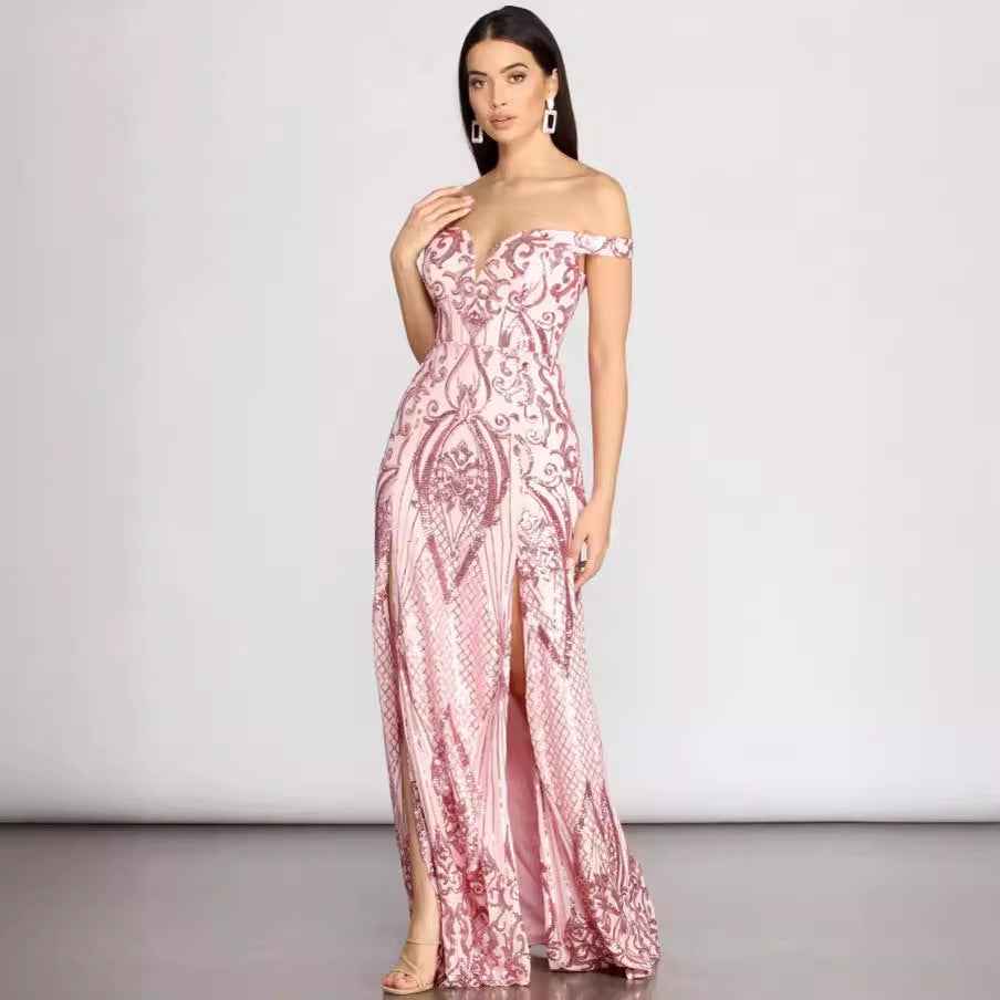 Pink Sequin Maxi Dress - Deep V-Neck Floor Length Gown