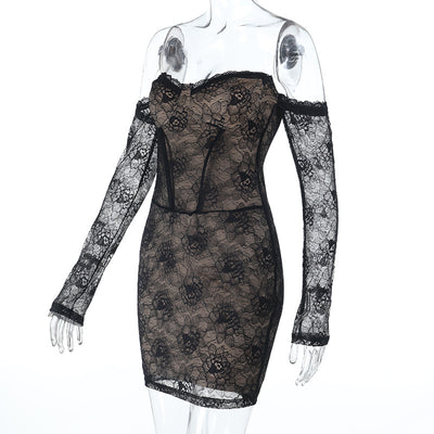 Sweetheart Neck Lace Dress - Long Sleeve Bodycon Mini - Fashions Envy