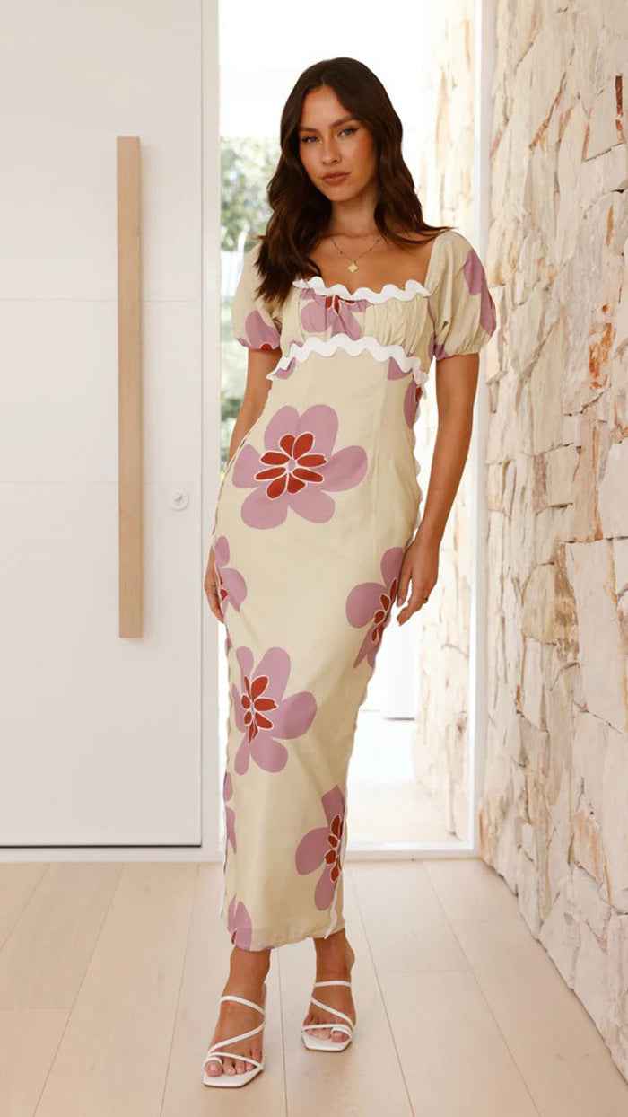 Floral Print Midi Dress - Short Sleeve Front Slit Style