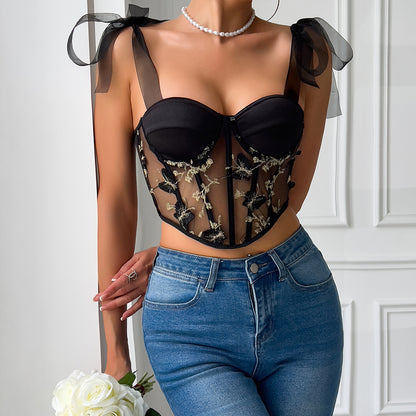 Butterfly Crop Top - Embroidered Lace-Up Strapless Style