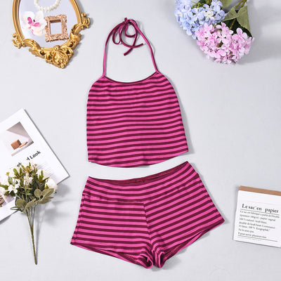 Striped Halter Neck Outfit - Crop Top Shorts Set