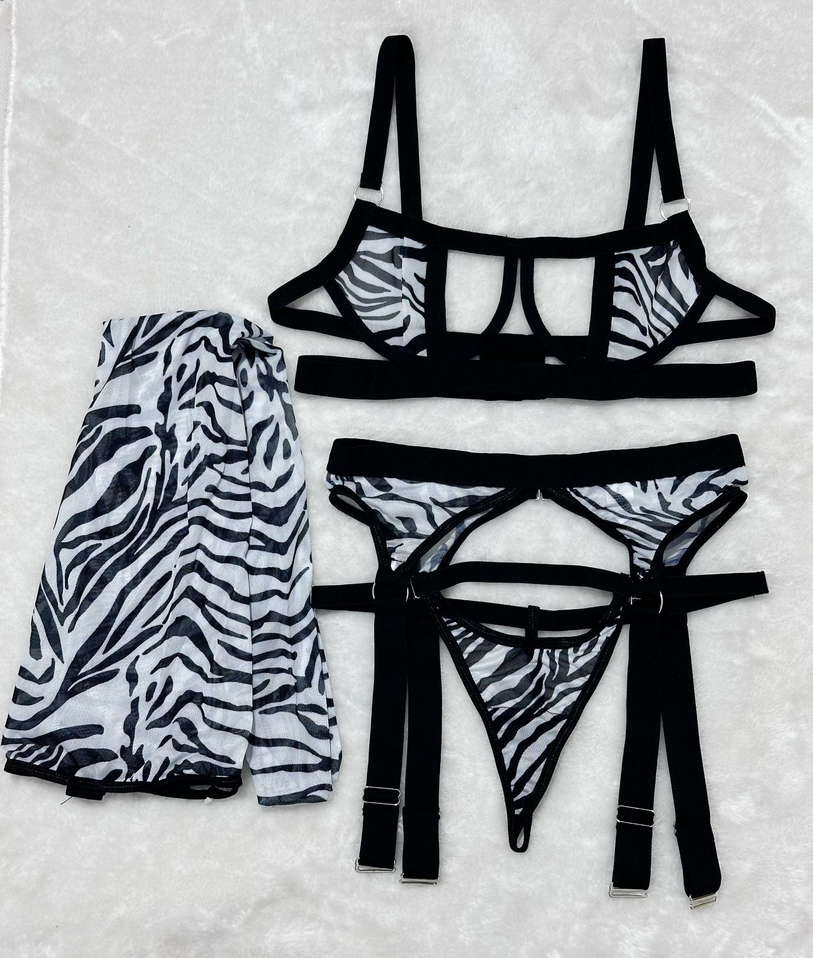 Wild Leopard Print Mesh Hollow-out Sexy Lingerie Four-piece Set with Thigh-high Socks - Fashions Envy