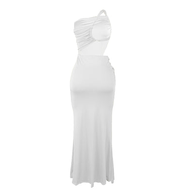 One Shoulder Cutout Maxi Dress - Pleated Bodycon Fit