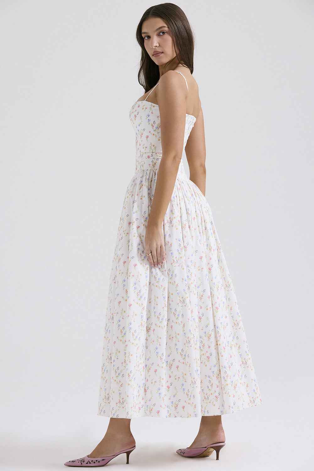 Floral Cami Maxi Dress - Cinched Waist A-Line Spaghetti Strap