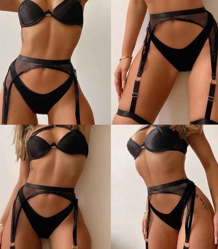 Mesh Lingerie Set - Black Bra Thong Garter Belt Three Piece