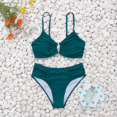 Ruched Bikini - Teal Keyhole High-Waisted - Fashions Envy