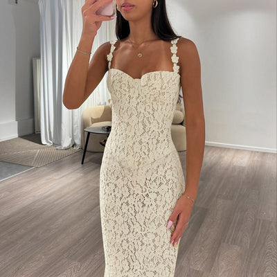 Yellow Lace Maxi Dress - V-Neck Camisole Gown