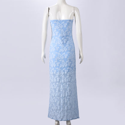Strapless Backless Maxi Dress - Burnt Floral Blue - Fashions Envy