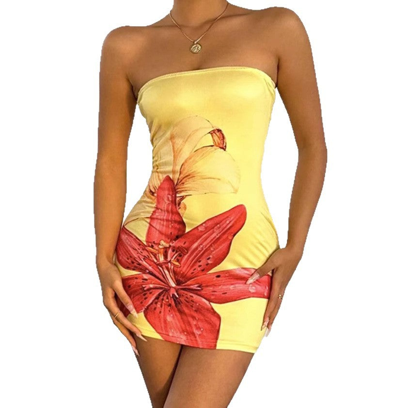 Floral Bodycon Mini Dress - Strapless Waist-cinching