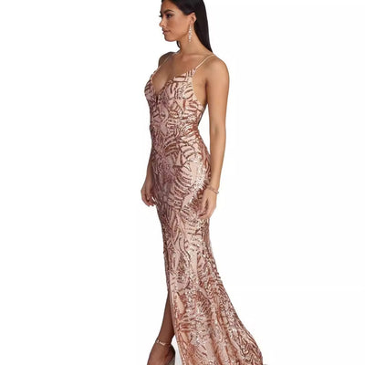 Spaghetti Strap Sequin Prom Gown - Deep V Maxi Slit Dress