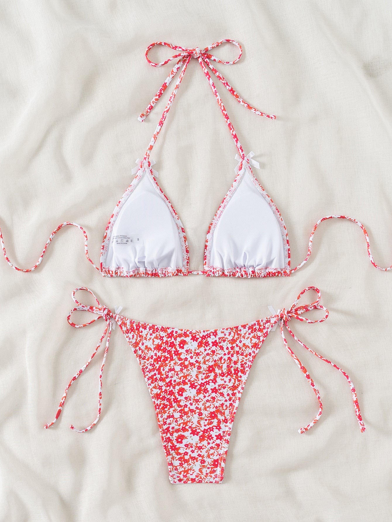 Floral Triangle Bikini - Lace Up Front Tie Bottoms Set
