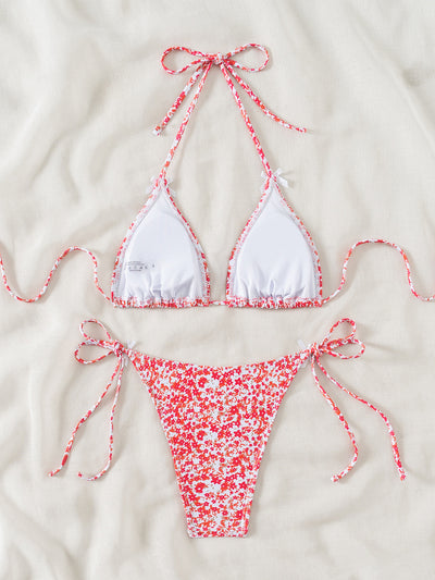 Floral Triangle Bikini - Lace Up Front Tie Bottoms Set