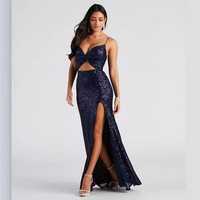 Blue Hollow Out Maxi Dress - Sleeveless Cutout Waist
