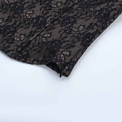 Black Lace Long Sleeve Top - V-Neck Waist Cinched Slim