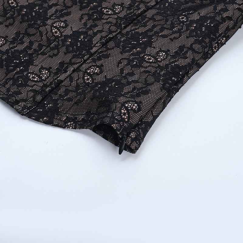 Black Lace Long Sleeve Top - V-Neck Waist Cinched Slim