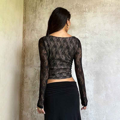 Black Lace Long Sleeve Top - V-Neck Waist Cinched Slim