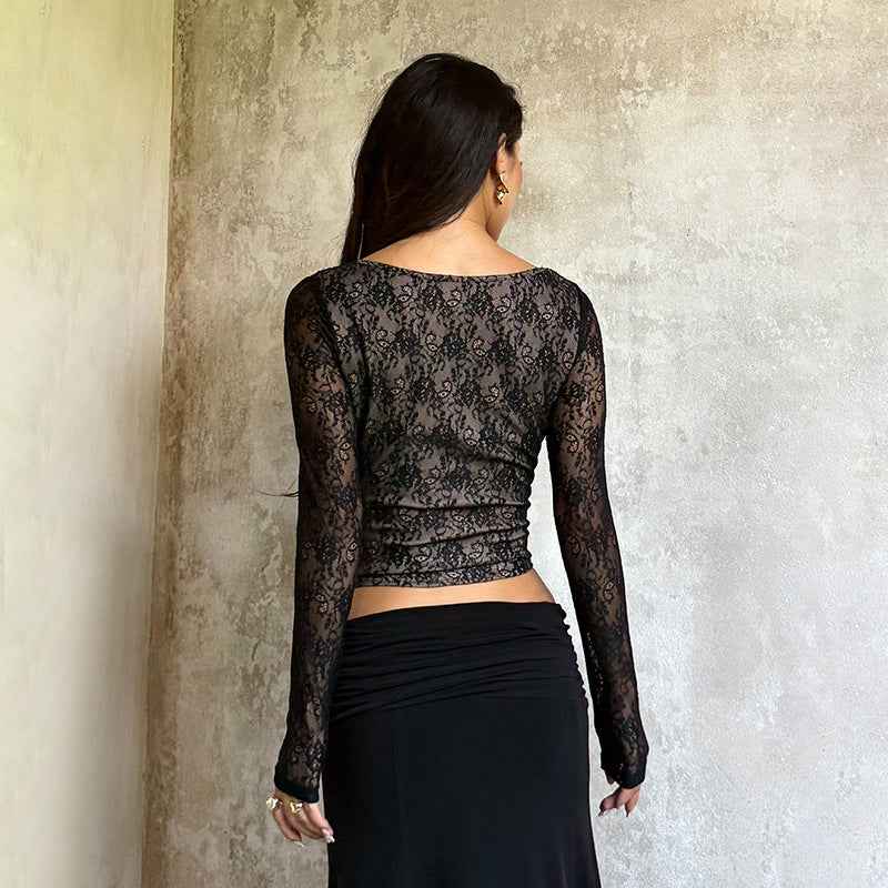 Black Lace Long Sleeve Top - V-Neck Waist Cinched Slim