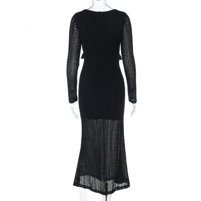 Ribbed Evening Gown - Long Sleeve V-Neck Bodycon Dress - Fashions Envy