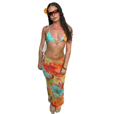 Three Piece Bikini Set - Tie Print Cover Up Beach - Fashions Envy