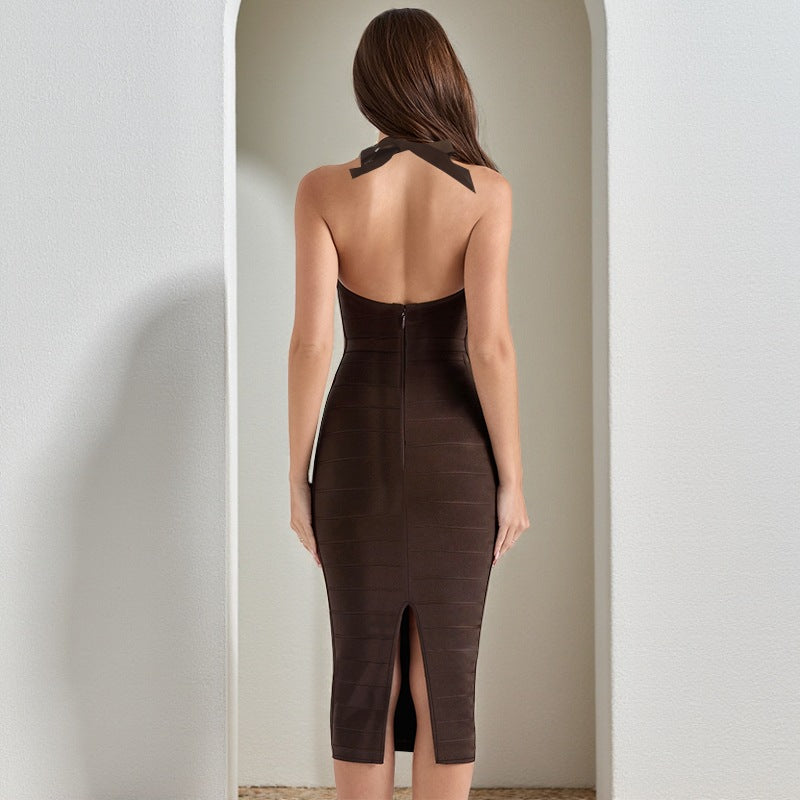 Halter Knit Dress - Ribbed Bodycon Tie Neck Mini - Fashions Envy