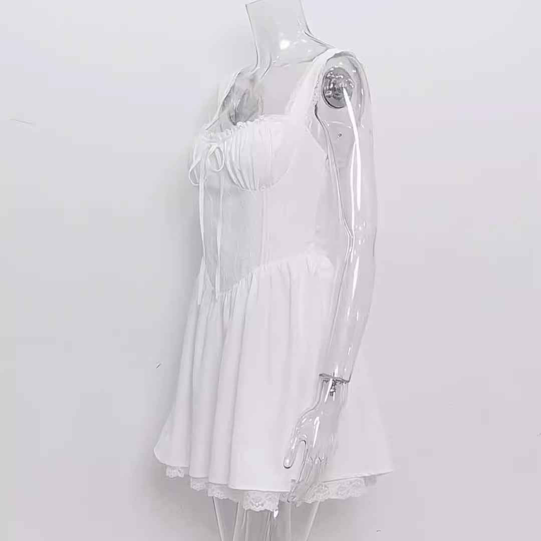 White Lace Backless Dress - Spaghetti Strap Patchwork Midi