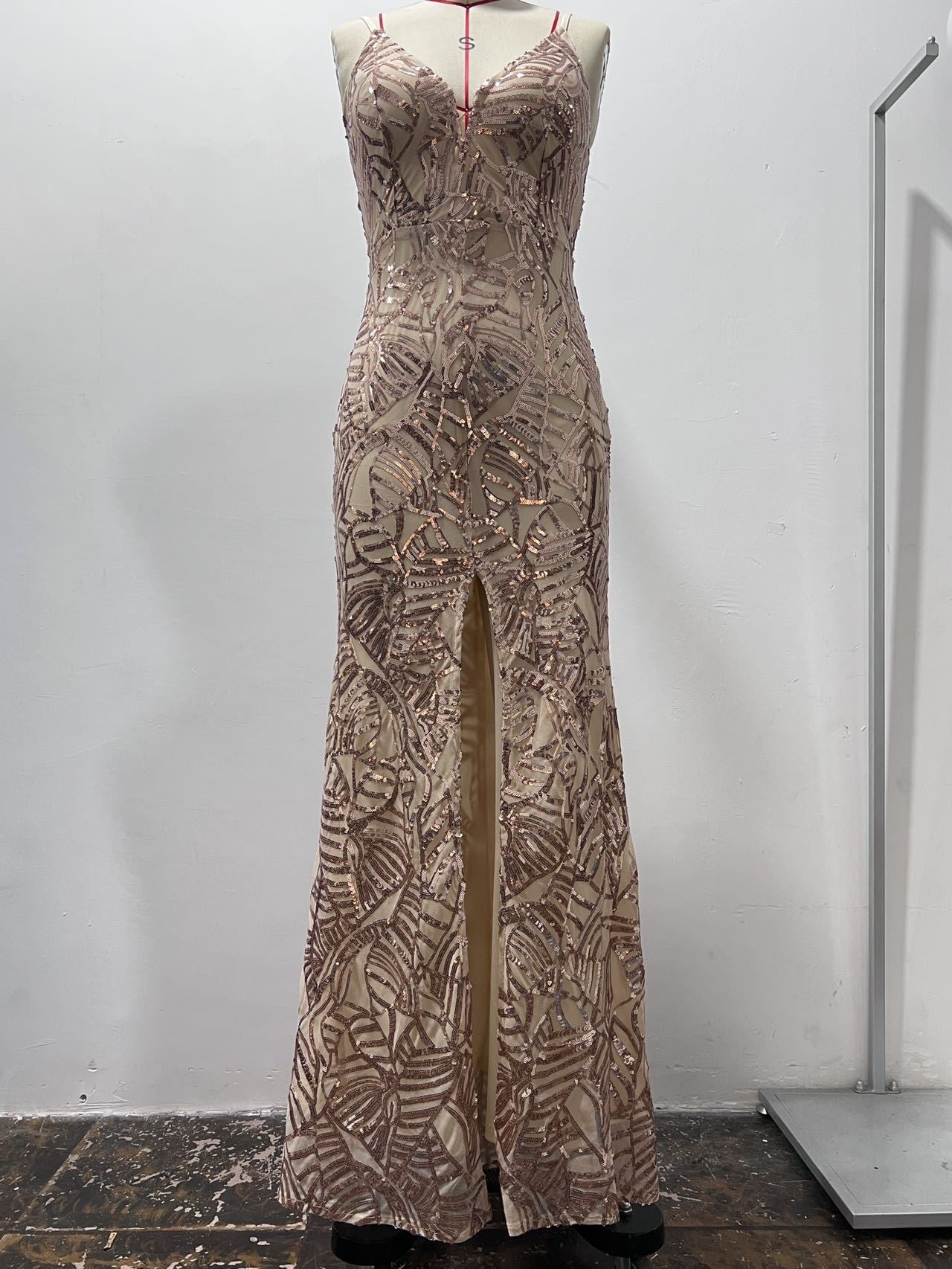 Spaghetti Strap Sequin Prom Gown - Deep V Maxi Slit Dress