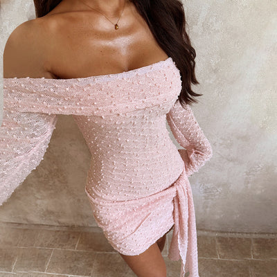 Off-Shoulder Mini Dress - Pink Lace Long Sleeve - Fashions Envy