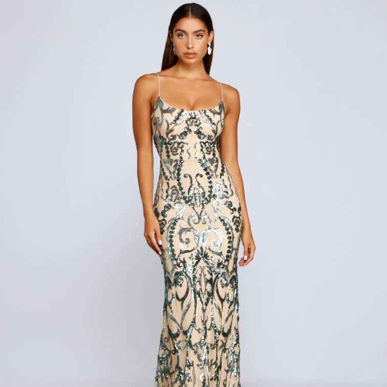 Green Sequin Maxi Dress - Emerald U-Neck Floor Length Gown
