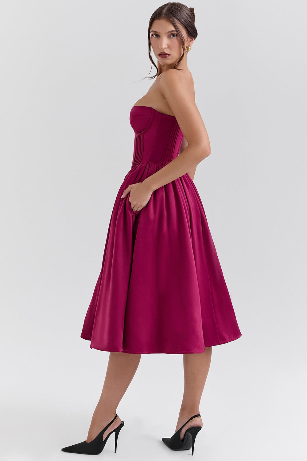 Sweetheart Midi Dress - Strapless Flared A-Line Skirt