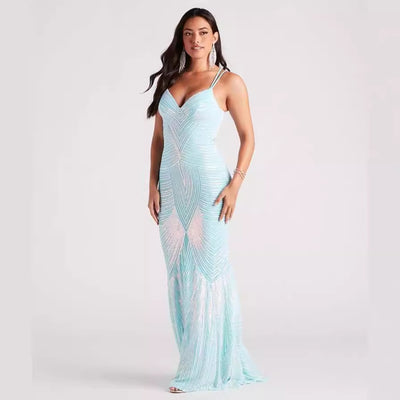 V-Neck Evening Dress - Sequin Floor-Length Gown - Fashions Envy