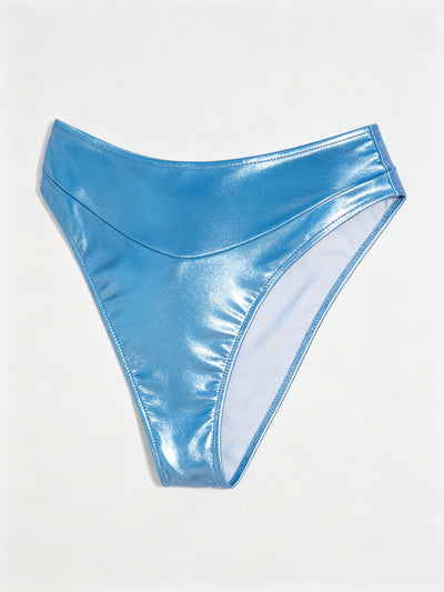Metallic Shine High-Waist Bikini -  Blue Halter Neck Swimsuit