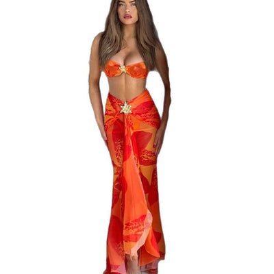 Orange Print Bikini Set - Tie Strap Triangle Two-Piece Swimsuit