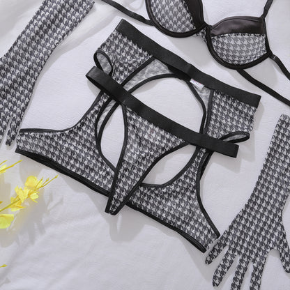 Black Lingerie Set - Four Piece Bra Garter Belt Stockings