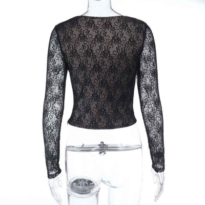 Black Lace Long Sleeve Top - V-Neck Waist Cinched Slim