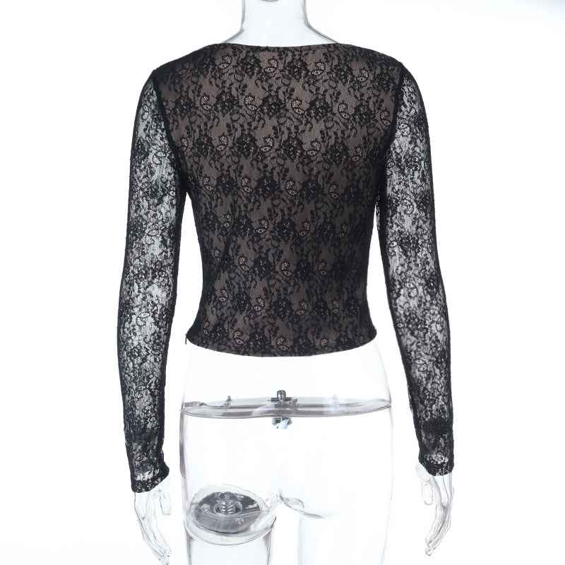 Black Lace Long Sleeve Top - V-Neck Waist Cinched Slim