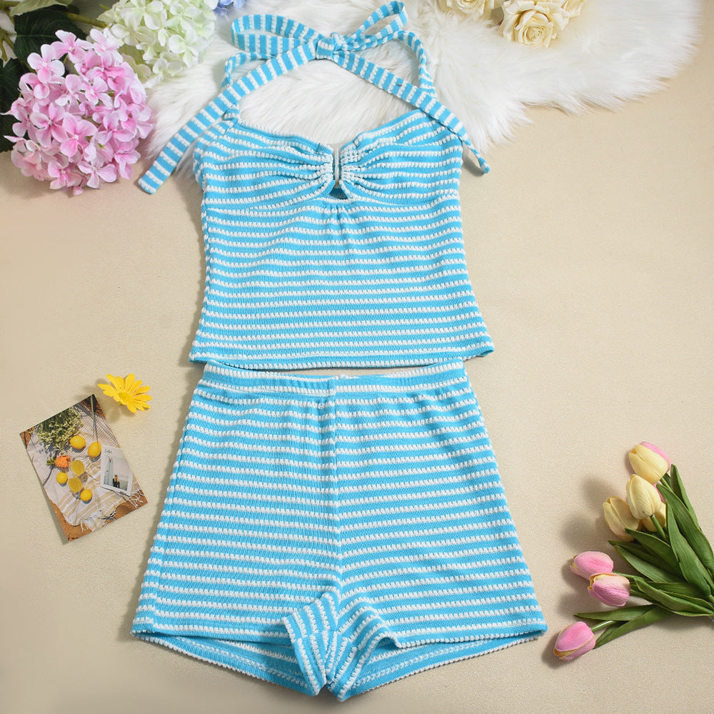 Halter Neck Mini Shorts Set - Decorative Crop Top Outfit
