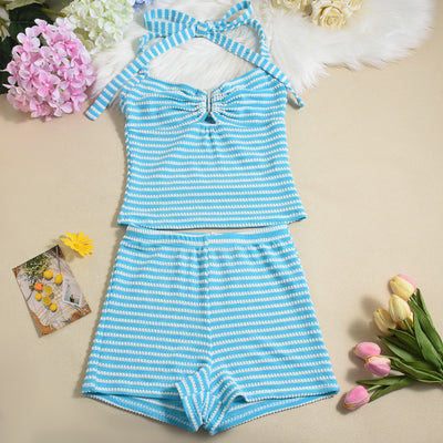Halter Neck Mini Shorts Set - Decorative Crop Top Outfit