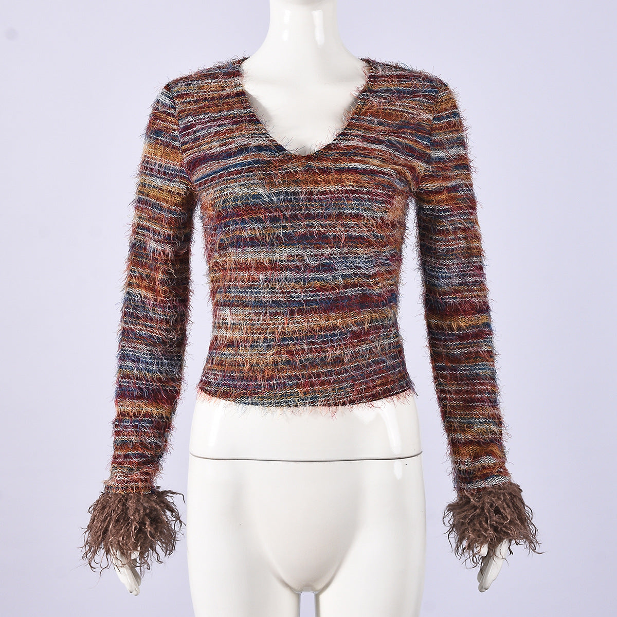 Open navel V-neck yarn dyed top for women