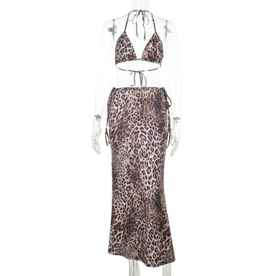 Vacation style sexy lace up three-point bikini leopard print half skirt for women