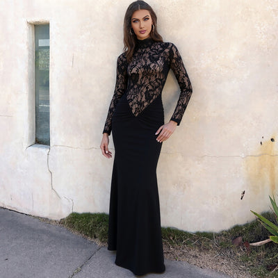 High Neck Lace Maxi Dress - Long Sleeve Black - Fashions Envy